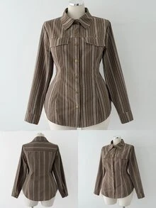 Sunspun Plus Size Striped Long Sleeve Shirt With Back Tie Fall - Multicolor - View 4