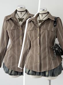 Sunspun Plus Size Striped Long Sleeve Shirt With Back Tie Fall - Multicolor - View 1