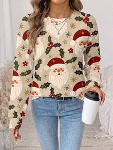 SHEIN LUNE 冬季服飾聖誕節穿搭 聖誕老人與聖誕樹圖案圓領長袖上衣 聖誕薑餅人女款運動衫 - 白色 - 查看 5