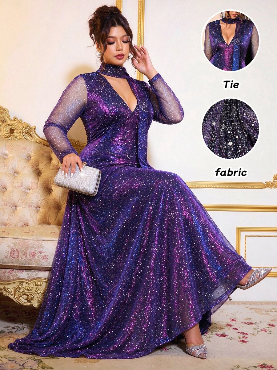 Cravure Plus Size Heavy Embellished Glitter Starry Sky Mesh Maxi Dress, V-Neck Tie Waist Evening Gown For Party Fall - Purple - View 1