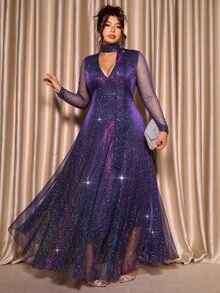 Cravure Plus Size Heavy Embellished Glitter Starry Sky Mesh Maxi Dress, V-Neck Tie Waist Evening Gown For Party Fall - Purple - View 4
