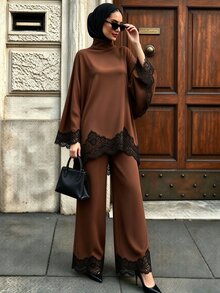 SHEIN Unity 女款對比蕾絲喇叭袖上衣與寬腿褲休閒端莊優雅兩件套，晚餐派對晚裝，黑白配色，秋季 - 棕色 - 查看 7