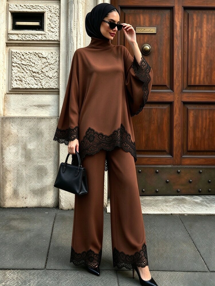 SHEIN Unity Women's Contrast Lace Bell Sleeve Blouse And Wide Leg Pants Casual Modest Elegant 2 Pieces Set Dinner Party Night Black And White Autumn - Brown - View 7