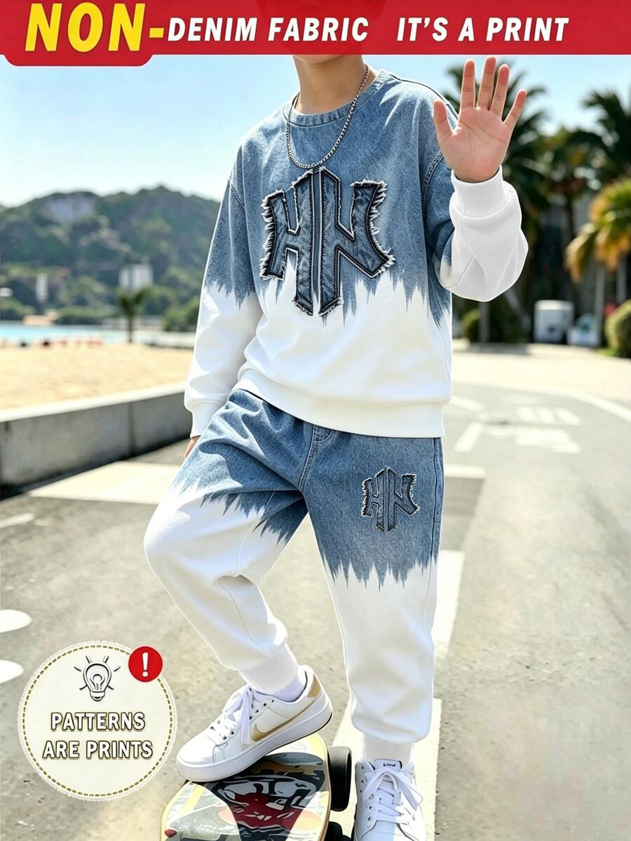 Tween Boys Casual Baggy Streetwear Graphic Blue And White Gradient Letter Print Drop Shoulder Crew Neck Sweatshirt Sweatpants 2 Pieces Set School Fall - Multicolor - View 1