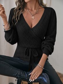 EMERY ROSE 女款領口交疊繫帶鏤空針織開襟衫，長袖上衣，秋冬服飾 - 黑色 - 查看 7