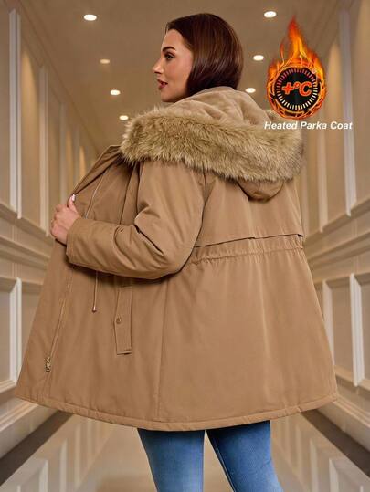 SHEIN LUNE Plus Size Women's Fur Collar Zipper Pocket Design Winter Jacket Going Out Party Club Khaki Casual Baggy Smart
