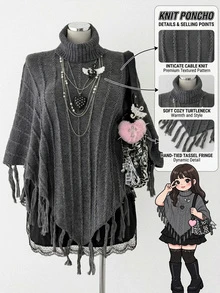 Sunspun Women's Plus Size Dark Tassel High Neck Batwing Sleeve Pullover Sweater Winter - Dark Grey - View 1