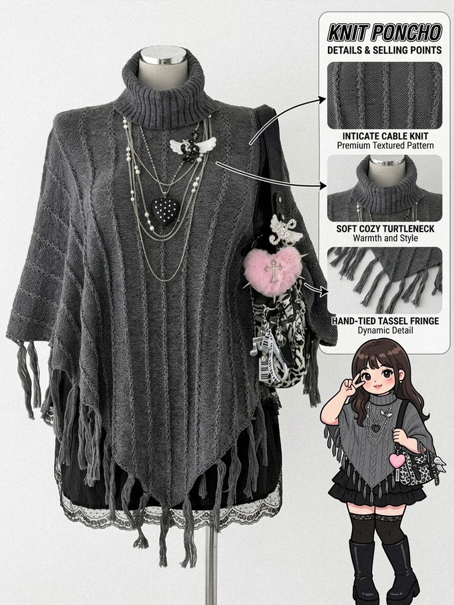 Sunspun Women's Plus Size Dark Tassel High Neck Batwing Sleeve Pullover Sweater Winter - Dark Grey - View 1