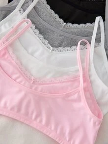 4pcs/Set Girls Big Tween Girl Black Pink White Solid Simple Fashion Modest Basic Comfortable Soft Padded Bra Camisole Undershirt Winter Girls Trip - Multicolor - View 6