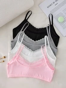 4pcs/Set Girls Big Tween Girl Black Pink White Solid Simple Fashion Modest Basic Comfortable Soft Padded Bra Camisole Undershirt Winter Girls Trip - Multicolor - View 3