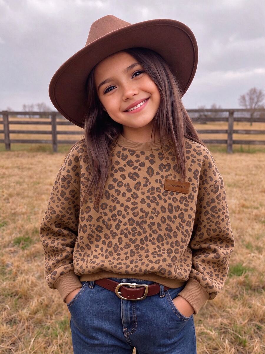 Girls' Vintage Leopard Print Crew Neck Sweatshirt, Warm Coffee Base Color With Classic Leopard Print, Atmospheric Casual Daily Wear, Versatile Autumn/Winter Essential For Girls - Multicolor - View 1