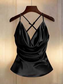 SHEIN Women's Elegant Daily 2026 Spring/Summer Plunging Neck Satin Loose Shiny Luxurious Camisole - Black - View 5