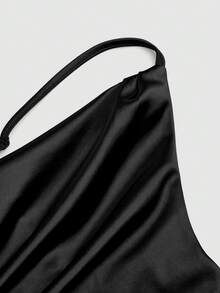 SHEIN Women's Elegant Daily 2026 Spring/Summer Plunging Neck Satin Loose Shiny Luxurious Camisole - Black - View 6
