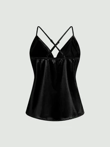 SHEIN Women's Elegant Daily 2026 Spring/Summer Plunging Neck Satin Loose Shiny Luxurious Camisole - Black - View 2