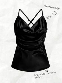 SHEIN Women's Elegant Daily 2026 Spring/Summer Plunging Neck Satin Loose Shiny Luxurious Camisole - Black - View 4
