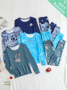 [4 Sets Randomly Sent 1 Set]2-Piece Set Tween Boys Game Console, Personalized Football & Headphone Pattern Crew Neck Knit Long Sleeve & Long Pants Snug Fit Loungewear Set, Spring/Autumn Soft Skin-Friendly Fabric, Suitable For Home And Outings - Multicolor - View 1
