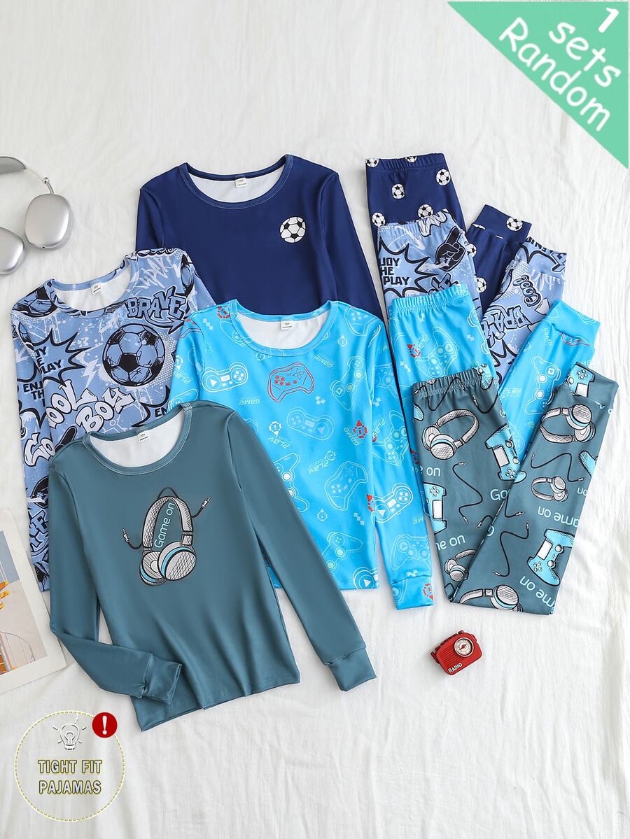 [4 Sets Randomly Sent 1 Set]2-Piece Set Tween Boys Game Console, Personalized Football & Headphone Pattern Crew Neck Knit Long Sleeve & Long Pants Snug Fit Loungewear Set, Spring/Autumn Soft Skin-Friendly Fabric, Suitable For Home And Outings - Multicolor - View 1