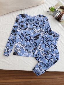 [4 Sets Randomly Sent 1 Set]2-Piece Set Tween Boys Game Console, Personalized Football & Headphone Pattern Crew Neck Knit Long Sleeve & Long Pants Snug Fit Loungewear Set, Spring/Autumn Soft Skin-Friendly Fabric, Suitable For Home And Outings - Multicolor - View 2