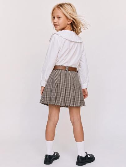 SHEIN x Tata & Beatriz Maija Kids Maija Kids تنورة مطوية بقماش مربعات عتيق مع حزام للفتاة الصغيرة