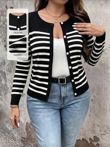 SHEIN LUNE CURVE Plus Size Women's Black And White Long Sleeve Single-Breasted Casual Elegant Corset Knit Cardigan Formal Office Fall Winter - Black and White - View 8