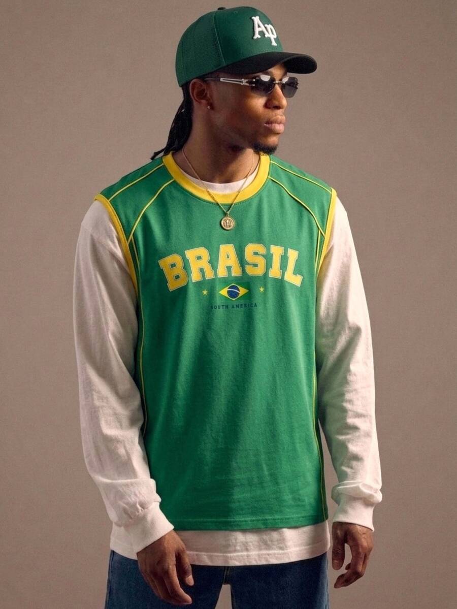 Aesthetic Post 男士復西隊足球背心，美國 BRASIL 10 印花無袖時尚運動上衣，夏季休閒運動背心，足球用品，度假 - 彩色 - 查看 1