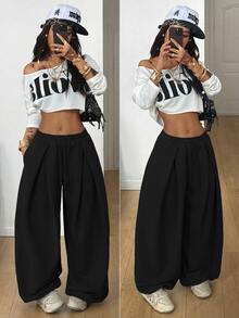 Coolane Women's Spring/Summer Streetwear Basic Daily Wear Going Out Back To School Sport Casual Black Baggy Low Rise Cuffed Banana Pants - Black - View 3