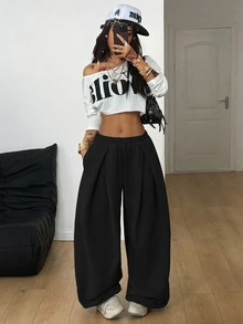 Coolane Women's Spring/Summer Streetwear Basic Daily Wear Going Out Back To School Sport Casual Black Baggy Low Rise Cuffed Banana Pants - Black - View 8