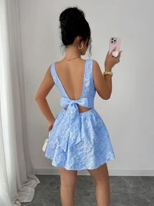 Elenzga 优雅提花系带露背无袖连衣裙，夏季 - 淺藍色 - 查看 5