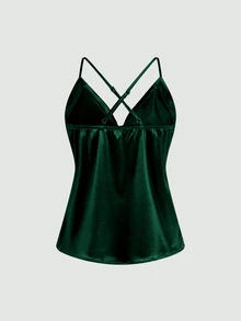 SHEIN 女士优雅日常2026春夏缎面宽松亮面奢华吊带背心 - 墨綠色 - 查看 2