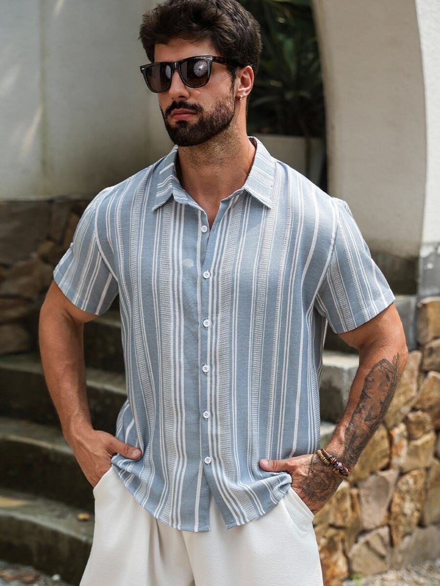 VENTUSAIL Men's Casual Holiday Striped Print Button-Front Short Sleeve Shirt Vacation Blue And White Striped Summer - Multicolor - View 1