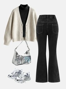 SHEIN Tween女孩牛仔褲，復古水洗磨損效果，喇叭褲腿款，彈性棉布料，適合學校、夏季街頭穿搭、度假藍色 - 黑色 - 查看 2