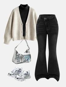 SHEIN Tween女孩牛仔褲，復古水洗磨損效果，喇叭褲腿款，彈性棉布料，適合學校、夏季街頭穿搭、度假藍色 - 黑色 - 查看 4