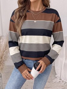 SHEIN LUNE Áo nỉ chui đầu oversize vai trễ họa tiết sọc phối màu - Nhiều màu - Xem 5