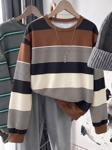 SHEIN LUNE Áo nỉ chui đầu oversize vai trễ họa tiết sọc phối màu - Nhiều màu - Xem 1