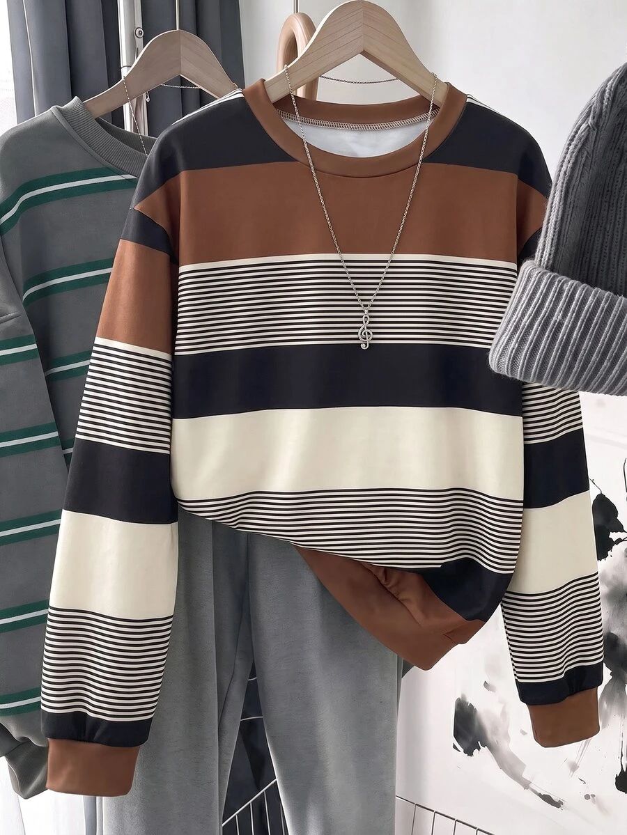 SHEIN LUNE Áo nỉ chui đầu oversize vai trễ họa tiết sọc phối màu - Nhiều màu - Xem 1