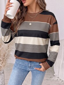 SHEIN LUNE Áo nỉ chui đầu oversize vai trễ họa tiết sọc phối màu - Nhiều màu - Xem 6