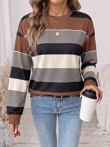 SHEIN LUNE Áo nỉ chui đầu oversize vai trễ họa tiết sọc phối màu - Nhiều màu - Xem 2