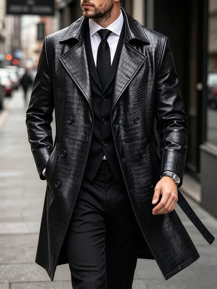 Manfinity Homme Men's Button-Front Long-Sleeve Pocketed Minimalist Classy Casual Trench Coat, Outdoor PU Business Office Black Fall - Black - View 1
