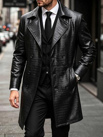 Manfinity Homme Men's Button-Front Long-Sleeve Pocketed Minimalist Classy Casual Trench Coat, Outdoor PU Business Office Black Fall