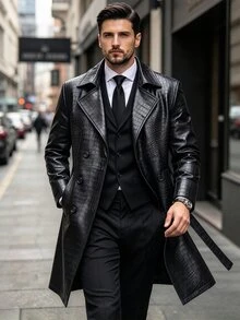 Manfinity Homme Men's Button-Front Long-Sleeve Pocketed Minimalist Classy Casual Trench Coat, Outdoor PU Business Office Black Fall - Black - View 6