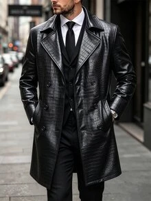 Manfinity Homme Men's Button-Front Long-Sleeve Pocketed Minimalist Classy Casual Trench Coat, Outdoor PU Business Office Black Fall - Black - View 5