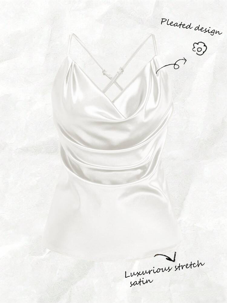 SHEIN Women's Elegant Daily 2026 Spring/Summer Plunging Neck Satin Loose Shiny Luxurious Camisole - White - View 6