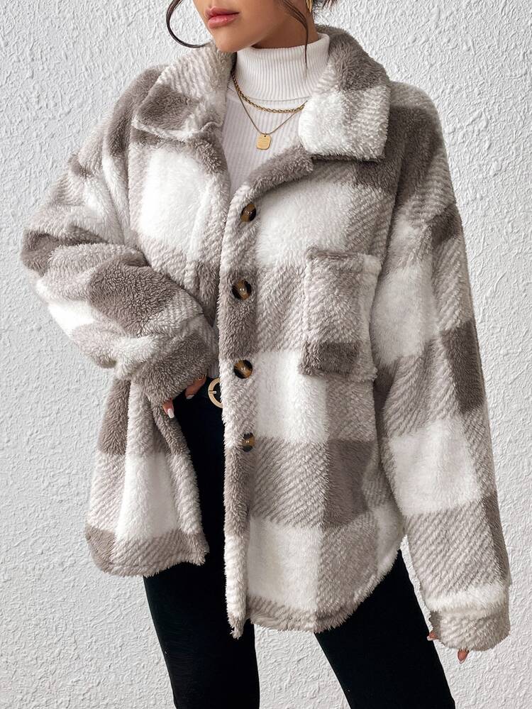 INAWLY Women's Plaid Fuzzy Single-Breasted Casual Loose Regular Jacket Fall Winter Cloth For Women - Khaki - View 6