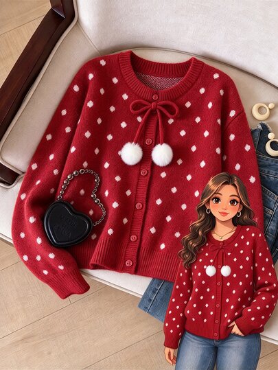 GlowEve CURVE Plus Size Women Christmas Cardigan, New Fall Winter Red Sequin Open Front Sweater Coat, Pom Pom Bowknot Long Sleeve Casual Matching Vintage Xmas Top