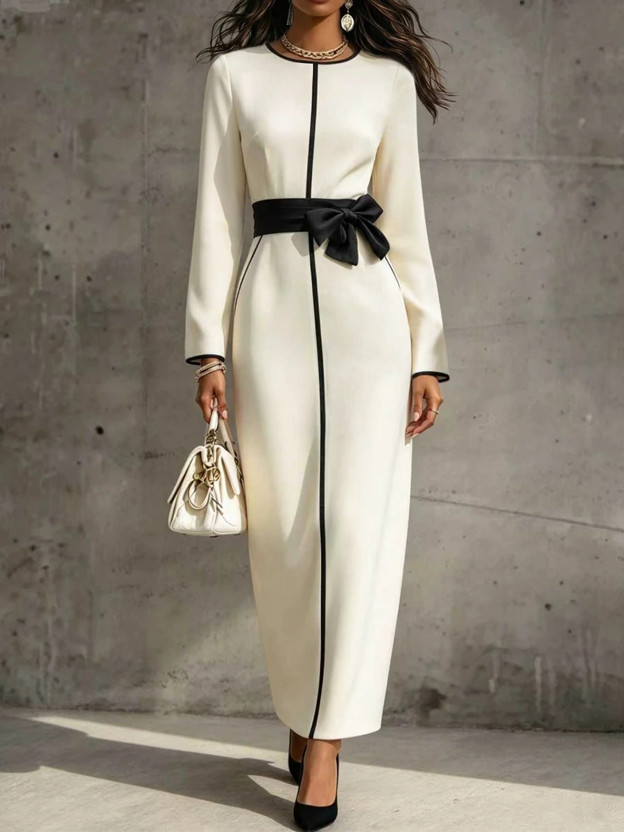 Balvessa 女款黑白對比飾邊圓領直筒長袖口袋蝴蝶結抽繩彈性腰收腰後開衩長洋裝 - 彩色 - 查看 1