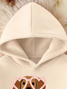 幼童女童 2 件組奶油色卡通小狗愛心印花套頭連帽衫與棕色慢跑長褲套裝，白色上衣，冬季穿搭 - 彩色 - 查看 7