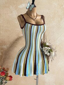 Soleia Colorblock Textured Beach-Style Cinched Waist Slim Fit Asymmetrical Hem Ruffle Trim Flattering Elegant Cami Dress For Casual Wear, Commute, Afternoon Tea, Date And Vacation - Multicolor - View 3