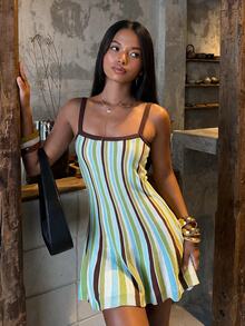 Soleia Colorblock Textured Beach-Style Cinched Waist Slim Fit Asymmetrical Hem Ruffle Trim Flattering Elegant Cami Dress For Casual Wear, Commute, Afternoon Tea, Date And Vacation - Multicolor - View 1