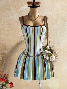 Soleia Colorblock Textured Beach-Style Cinched Waist Slim Fit Asymmetrical Hem Ruffle Trim Flattering Elegant Cami Dress For Casual Wear, Commute, Afternoon Tea, Date And Vacation - Multicolor - View 6