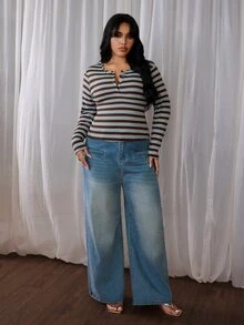 Rustia Plus Size Striped Long Sleeve T-Shirt, Blue And Brown, Half-Open Collar, Casual Autumn/Winter Fall - Multicolor - View 6